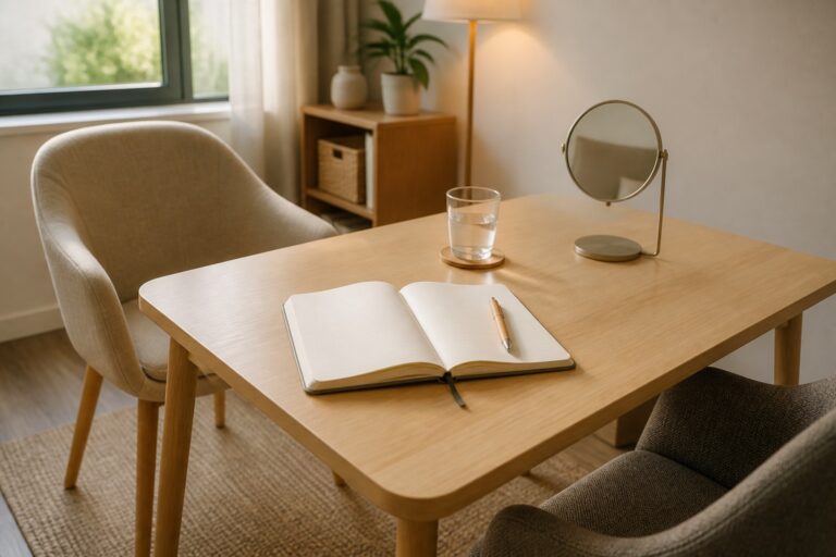 Consultation corner with open notebook, pen, hand mirror and water on a wooden desk