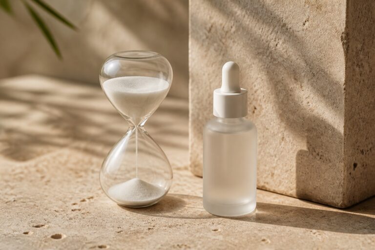 Glass hourglass with white sand beside a frosted serum bottle on warm stone