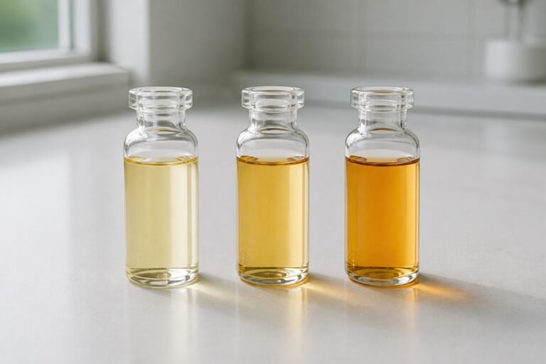Three glass vials with different golden serum tones in a row on a white counter