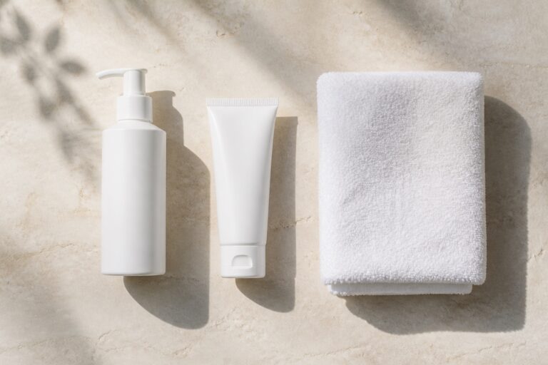 Gentle cleanser, mineral sunscreen and soft towel arranged on pale stone
