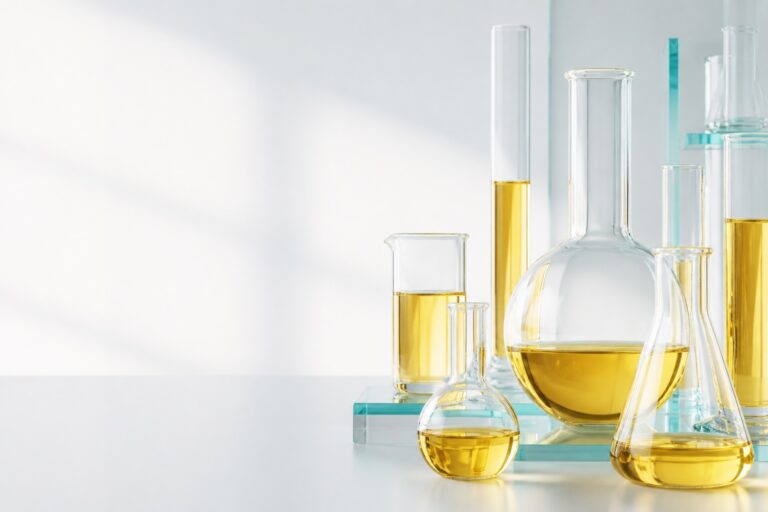 Minimalist laboratory glassware with translucent golden liquid on a white counter