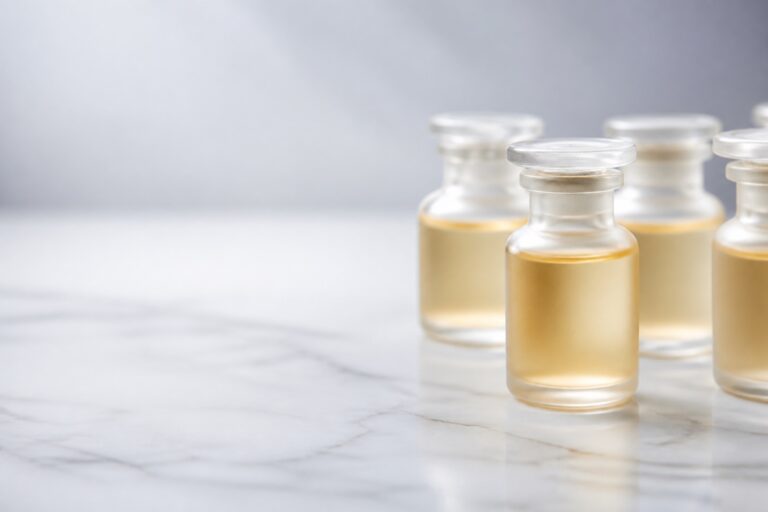 Frosted laboratory vials of pale gold exosome serum on white marble