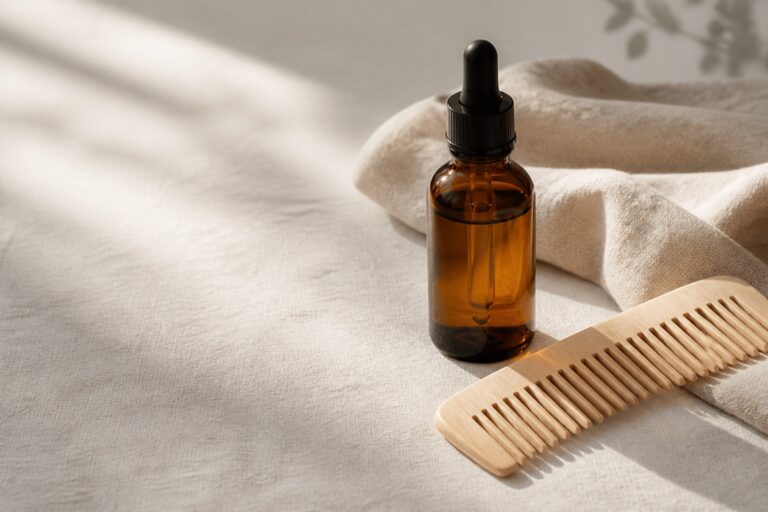 Amber hair serum bottle with wooden comb on natural linen in soft daylight