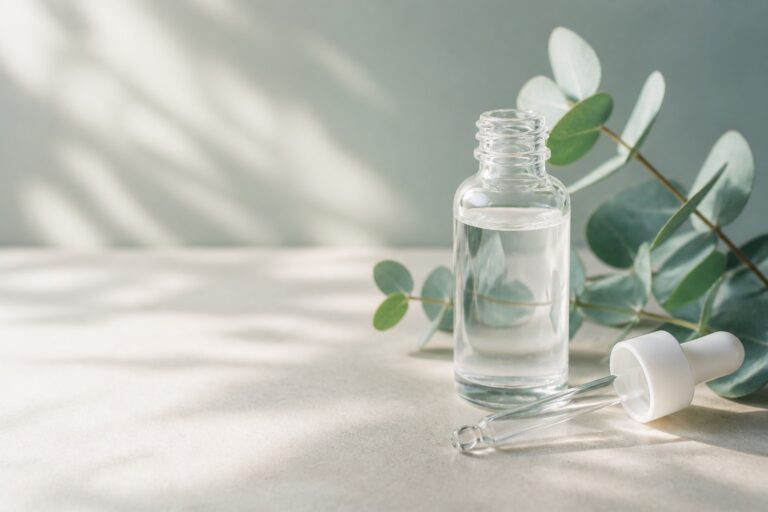 Clear polynucleotides vial and glass pipette for a face treatment, with a eucalyptus sprig on ceramic