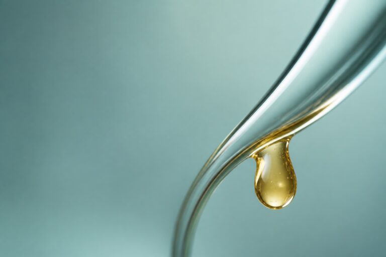 Golden Profhilo hyaluronic acid serum droplet on curved glass against a teal background