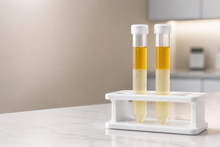 Two glass tubes of layered golden platelet-rich plasma prepared for a vampire facial, in a white rack on a clinic counter