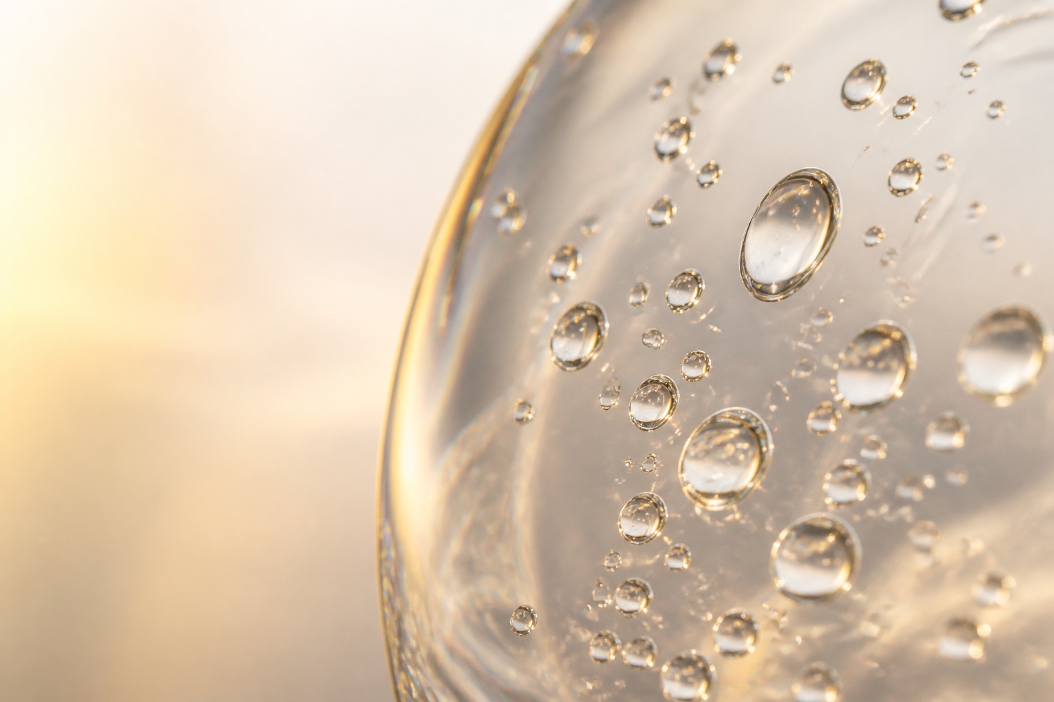 Clear skin booster droplets on glass