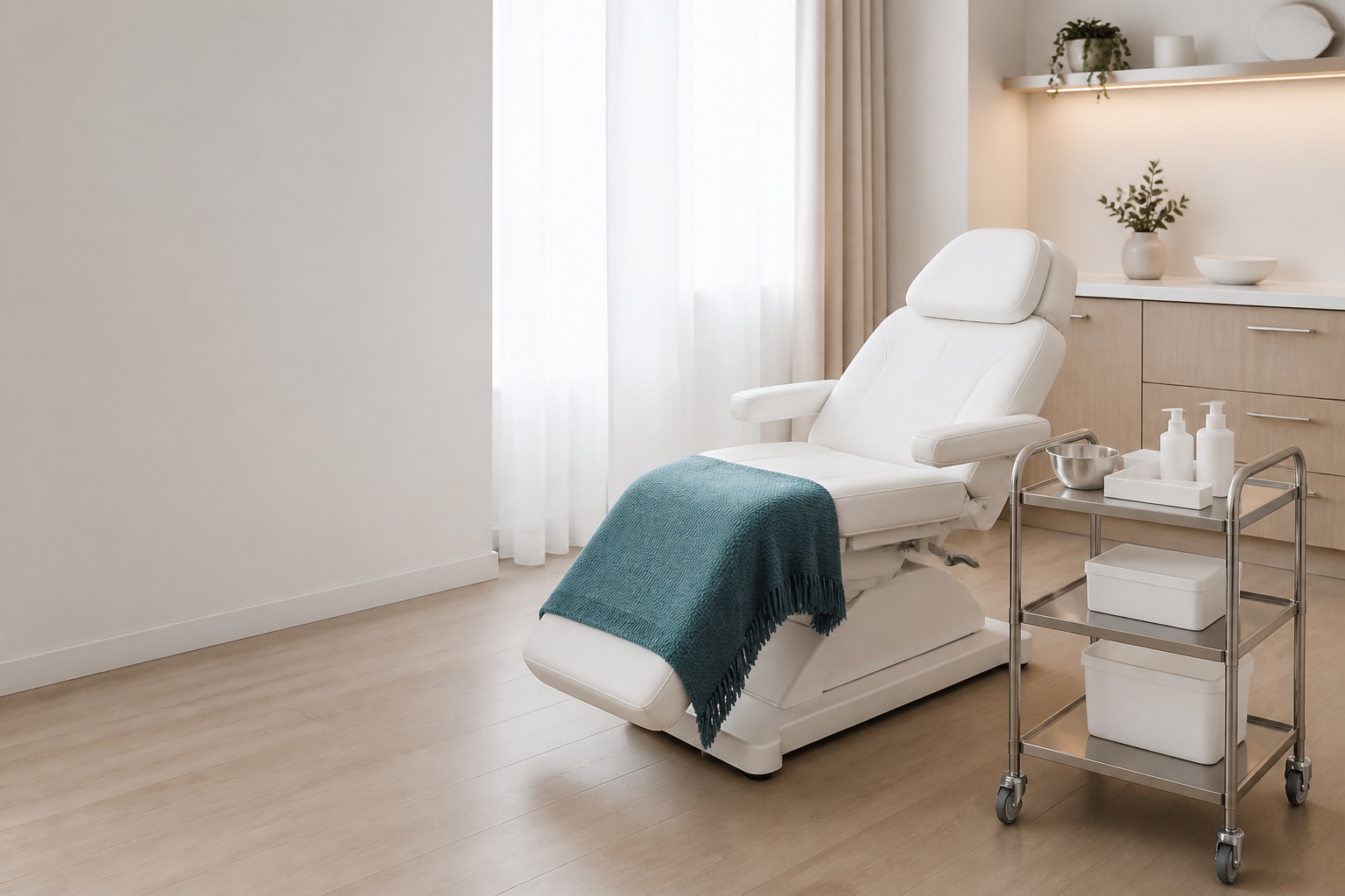 Bright clinic treatment room with an empty treatment chair